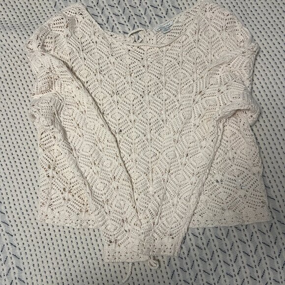 American Eagle Crochet Tie-Back Sweater, Cropped, Cream, Size L - Picture 2 of 8